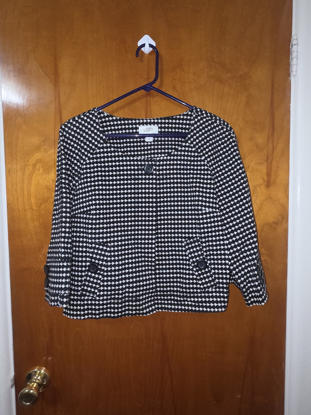 LOFT Black White Geometric Cropped Jacket Blazer Women’s M Cotton Stretch